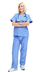 Image showing Healthcare, woman and portrait of a nurse in a studio with a stethoscope ready for a consultation. Nursing, doctor and happy female medical worker from Canada in scrubs isolated by a white background