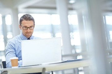 Image showing Laptop, corporate or business man thinking of invest strategy, finance growth or financial networking. CEO, tech or manager in office building planning, data analysis or economy data analytics review