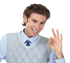 Image showing Hand sign, ok and portrait of man with smile on face, agreement isolated on white background. Motivation, yes and good job finger or okay wow gesture, happy winning businessman with success in studio