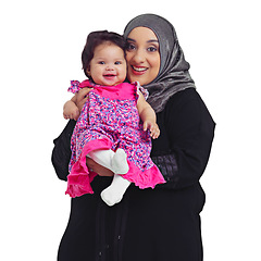 Image showing Islam, portrait of mother and baby girl, proud mama happy in hijab and isolated on white background. Love, family and growth, muslim woman with toddler daughter and Islamic culture in studio in Egypt