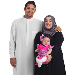 Image showing Muslim family, portrait and parents with a baby in studio for Islam religion, love and peace. Islamic woman, man and child together for eid, ramadan and happiness isolated on a white background