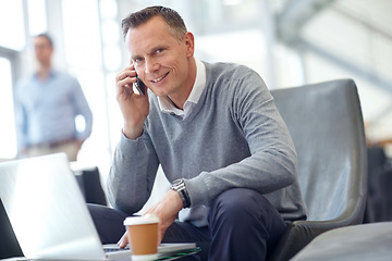 Image showing Phone call, smile or happy businessman in airport lobby for loan, wealth or investment negotiation. Travel, communication or manager with smartphone for networking, b2b network or planning meeting