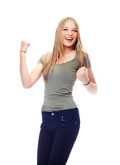 Image showing Winner, yes and woman in studio with fist sign for celebration, winning or success for goals achievement. Happy, yes and excited young student or teenager celebrate with hands in air with mockup