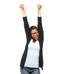 Image showing Winner, achievement and woman in celebration in a studio with excitement, happiness or goal. Happy, winner and excited female model or student with glasses celebrating isolated by a white background.