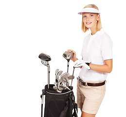 Image showing Golf woman, club bag and studio portrait for health, motivation and sports equipment with smile by white background. Happy isolated golfer girl, wellness or golf training for game, sport and success