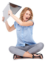 Image showing Business, angry and woman breaking laptop, stress and frustrated employee isolated on white studio background. Glitch, smash computer or female worker with stress for error, mad or upset with burnout