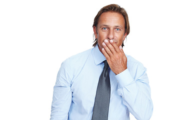 Image showing Portrait, wow and mockup with a business man in studio isolated on a white background looking shocked. Hand, surprise and branding with a handsome male employee standing on blank space for a logo