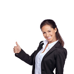 Image showing Business woman, success in portrait with thumbs up and achievement in career, winner isolated on white background. Yes, corporate employee goals and mindset with winning and happy woman agreement