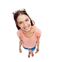 Image showing Top view, portrait and woman with smile, glasses and girl isolated on white studio background. Face, mockup and young female with happiness, casual outfit or confidence with lady, beauty and backdrop