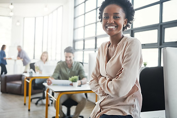 Image showing Leader, black woman and office portrait with smile by business people, success and vision at web design company. Creative boss, leadership and modern startup with confidence, career goals and happy