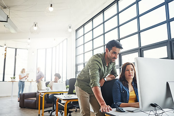 Image showing Business people, computer and training with team and leader help in coworking space with digital data on screen. Man, woman and work together, collaboration and partnership with advice and coaching