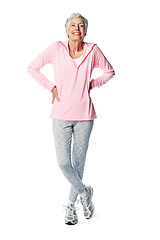 Image showing Happy senior woman, fitness and wellness portrait in studio with a healthy retirement lifestyle. Body of a elderly female isolated on a white background for exercise, health and energy motivation