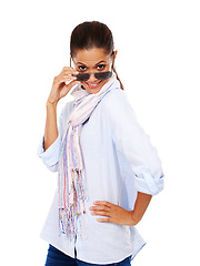Image showing Portrait, peeking and black woman with sunglasses, girl and casual outfit with person isolated on white studio background. African American female, lady and eyewear for clear vision, smile and trendy