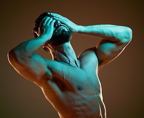 Image showing Nude, body and dramatic with a muscular man in studio on a dark background for art or self expression. Fitness, naked and hands covering face with a male model posing for health, wellness or artwork