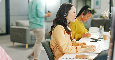 Image showing CRM, customer service or Asian consultant woman with life insurance telemarketing, help or communication. Sales advisor, call center or girl employee for contact us, consulting or customer support