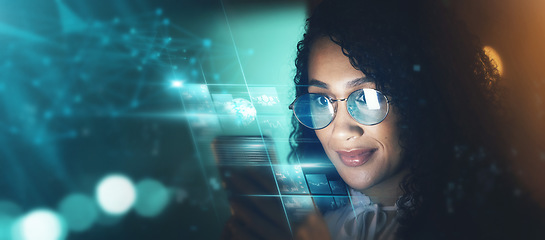 Image showing Woman, phone and technology overlay in office for research, data analytics or digital job in night. Cybersecurity expert, fintech and focus in dark workplace with 3d hologram ux for programming code