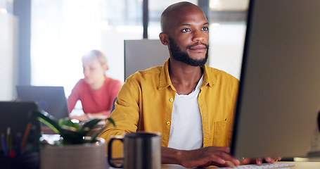 Image showing Office, computer and laptop of businessman with information technology, company software or website management for innovation. Desktop, multimedia technology of IT black man working on digital update