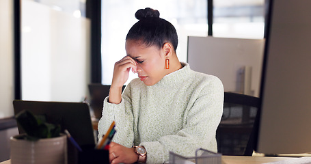 Image showing Sad, headache and business woman with burnout, email stress and tired thinking of planning on a laptop. Anxiety, confused and employee frustrated after a work fail, problem or mistake on a computer