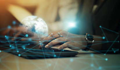 Image showing Hands, keyboard and digital marketing, networking or global cybersecurity for trading, IoT or future technology. Hand of person typing on computer for online search, big data or fintech on overlay