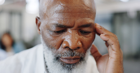 Image showing Black man, lawyer and face stress, headache or mental health pressure in mature law firm, legal office or consulting company. Zoom, attorney and thinking employee manager, ideas or court case anxiety