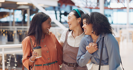 Image showing Friends, women portrait and happiness while together at a shopping mall for coffee, reunion and fun with diversity, travel and bonding. Face of different race group holding hands for gratitude