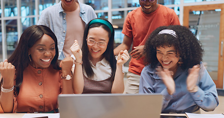 Image showing Business, team and applause for celebration, corporate deal and marketing campaign in modern office. Staff, teamwork and clapping for group project, target achievement and goal for collaboration.