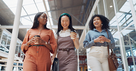 Image showing Coffee break, women and girl friends walking, talking and speaking about work communication. Diversity, networking and happy conversation of a woman with job friend group gossip with a smile