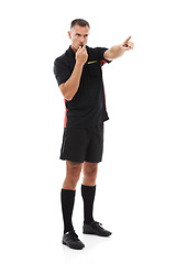 Image showing Sport, referee and man blowing whistle, pointing or gesture . in studio warning, sign or message on white background. Sports, coach and hand for rules, compliance and caution while training isolated