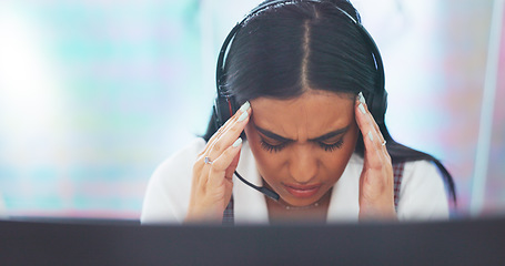 Image showing Stress, headache or woman in a call center with burnout exhausted by sales deadline pressure at help desk. Migraine pain, customer services or sick Indian telemarketing agent networking in office