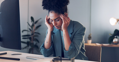 Image showing Business, computer and woman tired, burnout and headache with work, schedule and planning in office. Female, ceo and entrepreneur overworked, stress and depression with pain, mental health and online