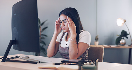 Image showing Islamic woman, phone call and talking in office for internet communication, b2b business conversation and happy employee working on computer. Muslim worker, happiness and speaking on smartphone