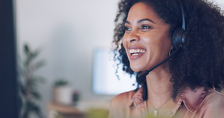 Image showing Headache, frustrated or black woman in call center with stress working in customer services helping sales client. Telemarketing, migraine pain or technical support talking, communication or speaking