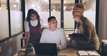 Image showing Laptop, tablet and business people teamwork on night project, digital finance portfolio or feedback review of stock market research. Financial economy, investment collaboration and trader trading nft