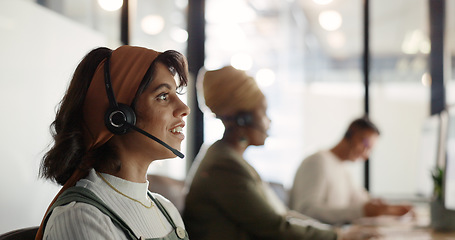 Image showing Call center, computer and consulting with business woman for telemarketing, customer service and contact us. Communication, sales and crm with girl employee at help desk agency for technical support