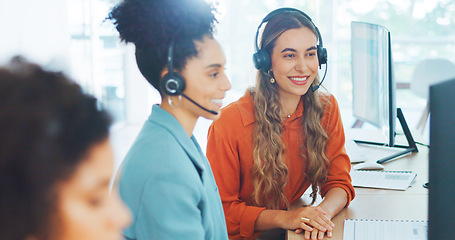 Image showing Business, agent and women with handshake, celebration and happiness for ecommerce sales in office. Team, staff and hands for achievement, success for data analysis and corporate deal, target and goal