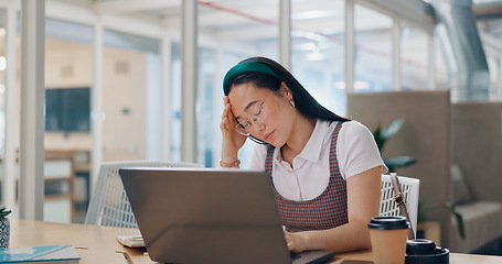 Image showing Laptop, burnout or woman with headache, stress or fatigue at office desk working on a digital marketing SEO project. Tired, overworked or upset Japanese employee frustrated with migraine pain problem