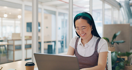 Image showing Asian executive, woman and video call with wave, smile and communication with laptop app, internet or web. Corporate leader, digital contact and video conference on computer for business consulting