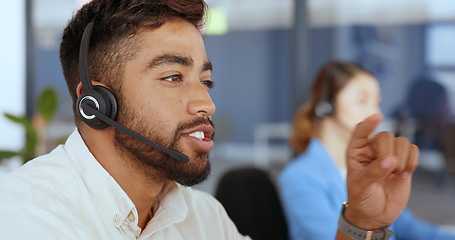 Image showing Businessman, face or talking with call center headset in Indian telemarketing company, contact us startup or crm sales consulting. Receptionist, customer support or telecom consultant with headphones