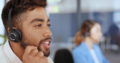 Image showing Call center, telemarketing and face of a man giving advice, technical support and help online on a computer. Contact us, customer service and consultant consulting for sales, crm and service job