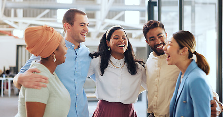 Image showing Diversity, business and team hug, modern office and happy for marketing strategy, planning and startup company. Multiracial, staff and embrace for group project success, advertising campaign or smile