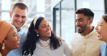 Image showing Office, diversity and business people hug for team building, teamwork and collaboration. Happy workers, smile and embrace in motivation, goals or vision of about us, company trust and startup growth