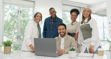 Image showing Teamwork, laptop and planning with face of business people in office for strategy, project management and idea. Diversity, support and community with group of employee in startup for leadership goals