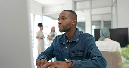 Image showing Office computer, thinking and black man reading feedback review of social network, customer experience or ecommerce. Website analytics, research report and media employee doing online survey analysis