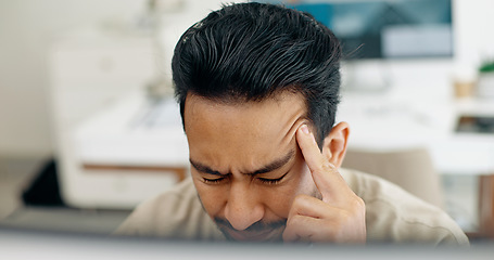 Image showing Computer, headache and face of businessman stress over bad investment, stock market crash or financial economy crisis. Burnout, migraine and crypto trader with forex, bitcoin or NFT trading mistake