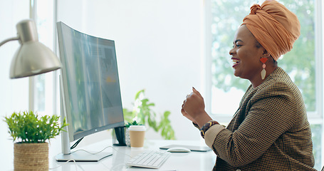 Image showing Corporate black woman, typing and celebration in office for success, promotion or winning at desk. African executive, celebrate and pc with email, communication or profit with smile, bonus and winner