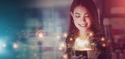 Image showing Business woman, future overlay and phone cryptocurrency data at night with cybersecurity light. Digital, happy employee and financial worker working with ux information technology with mockup