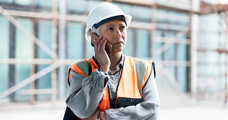 Image showing Phone call, engineer manager and woman worker happy talking on smartphone at construction site. Architecture management leader, industrial building worker and online mobile communication conversation