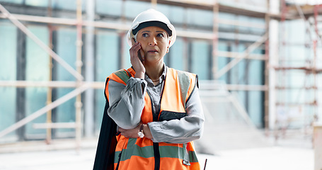 Image showing Phone call, engineer manager and woman worker happy talking on smartphone at construction site. Architecture management leader, industrial building worker and online mobile communication conversation
