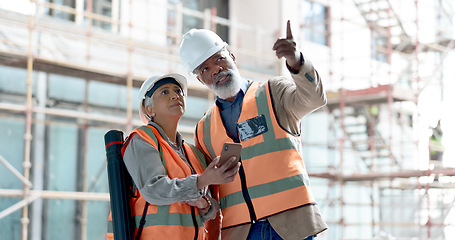 Image showing Engineer, building construction and phone with inspection workers talking and planning on internet, innovation and vision development. Site, project and technology with architect man and woman team