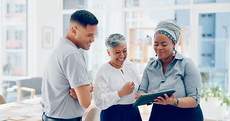 Image showing Diversity, business people and tablet planning, office and ideas, data analytics and online strategy in marketing agency. Group, teamwork and digital technology, collaboration and working on internet